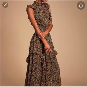 Lulu’s Evalina mustard yellow floral midi dress